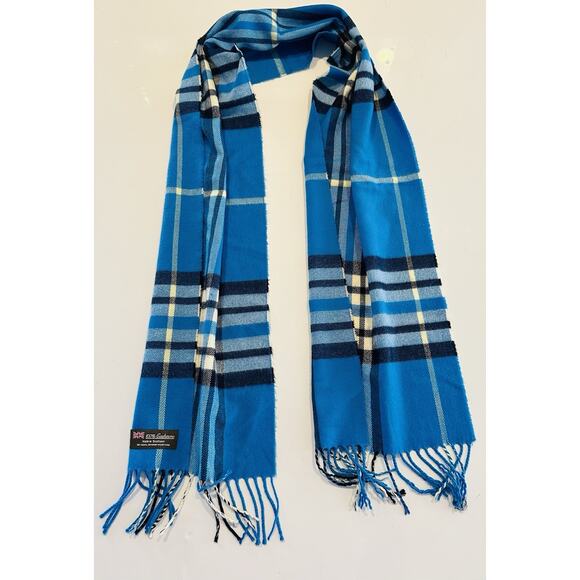 Womens Winter Warm SCOTLAND Made 100% CASHMERE Scarf Plaid Turquoise Blue Luxury - Picture 2 of 6